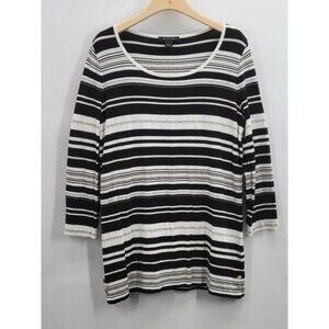 ST JOHN Top Womens Size M Black White Striped 3/4 Sleeve Metallic Viscose